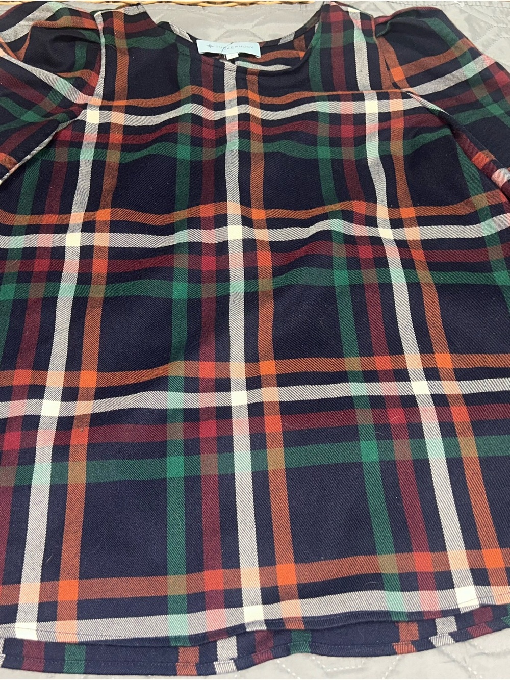 Tuckernuck Navy Plaid Top with Orange, Green, Burgundy and Cream Accents Lg